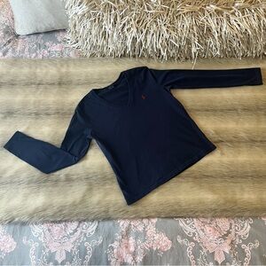 RALPH LAUREN SPORT Navy Blue S V-Neck Long Sleeve Shirt Y2K Vintage 100% Cotton